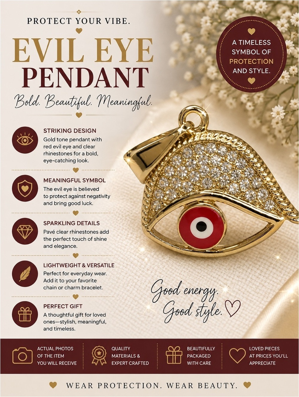 Gold Tone Evil Eye Pendant with Red and Clear Rhinestones